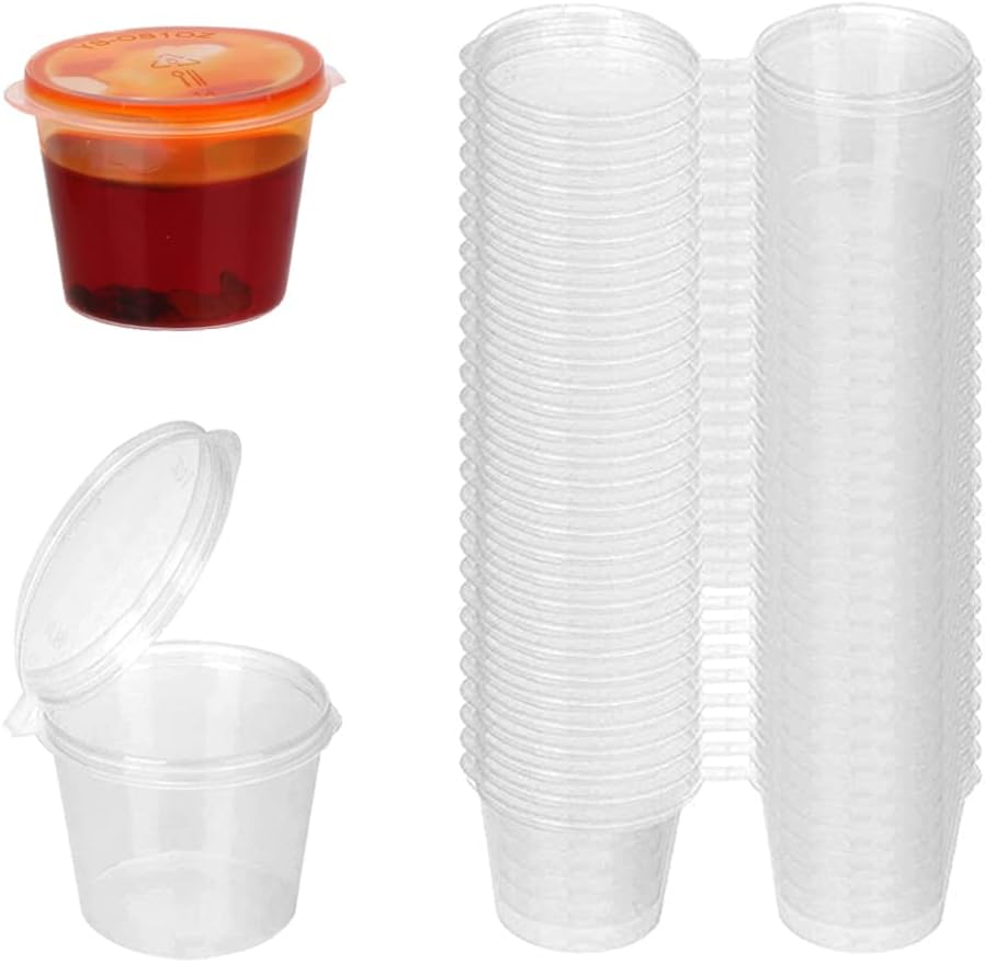 Plastic Cup 50Pcs - 使い捨て透明プラスチックソースカップ 蓋付き 50/100個入り ミニフード容器 チャタニ、チリソース、ゼリーショット、ポーションカップ用