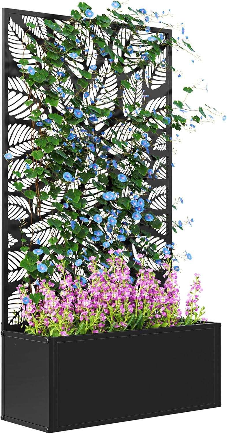 Flower Wall Panel - 金属製の高床式菜園、つる性植物用のトレリス付き、自立式または壁掛け式の花壇、プライバシーパネル付き、小さな葉の切り抜き模様の屋外プランターボックス、庭、パティオ、バルコニー用