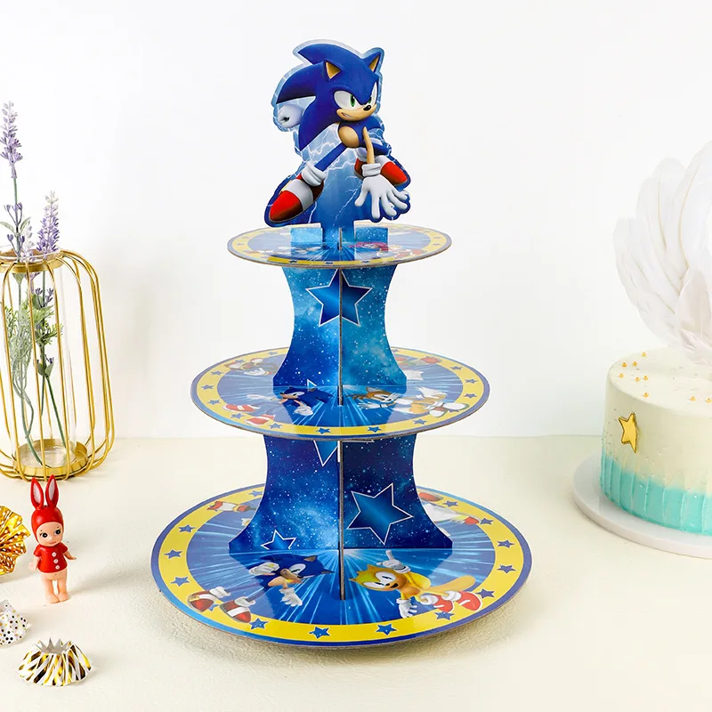 Event Supplies - アニメソニック誕生日パーティーケーキラック3層デザートテーブルペーパーケーキタワー誕生日パーティー装飾用品