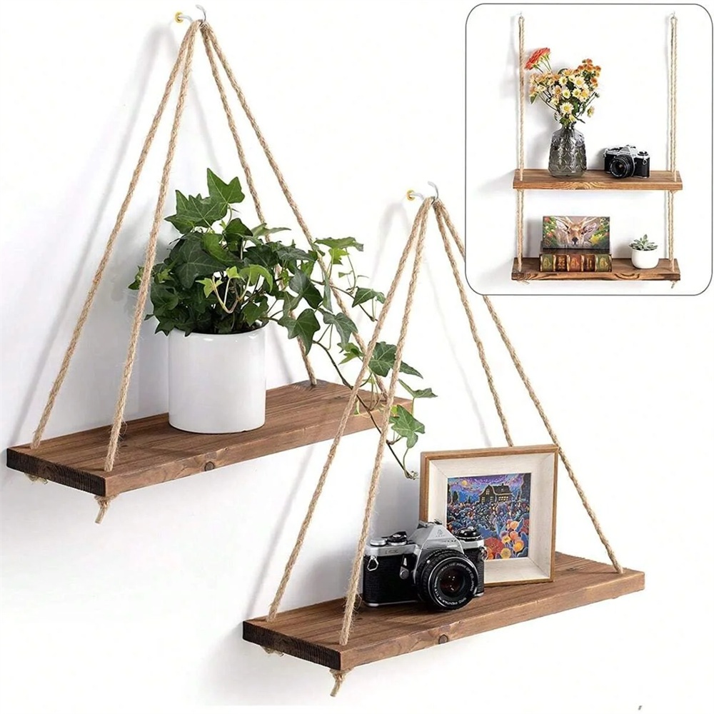 1個 木製吊り棚 スイングハンギング麻縄壁掛け棚 壁掛け式フ - Flower Wall Panel のレビューと価格